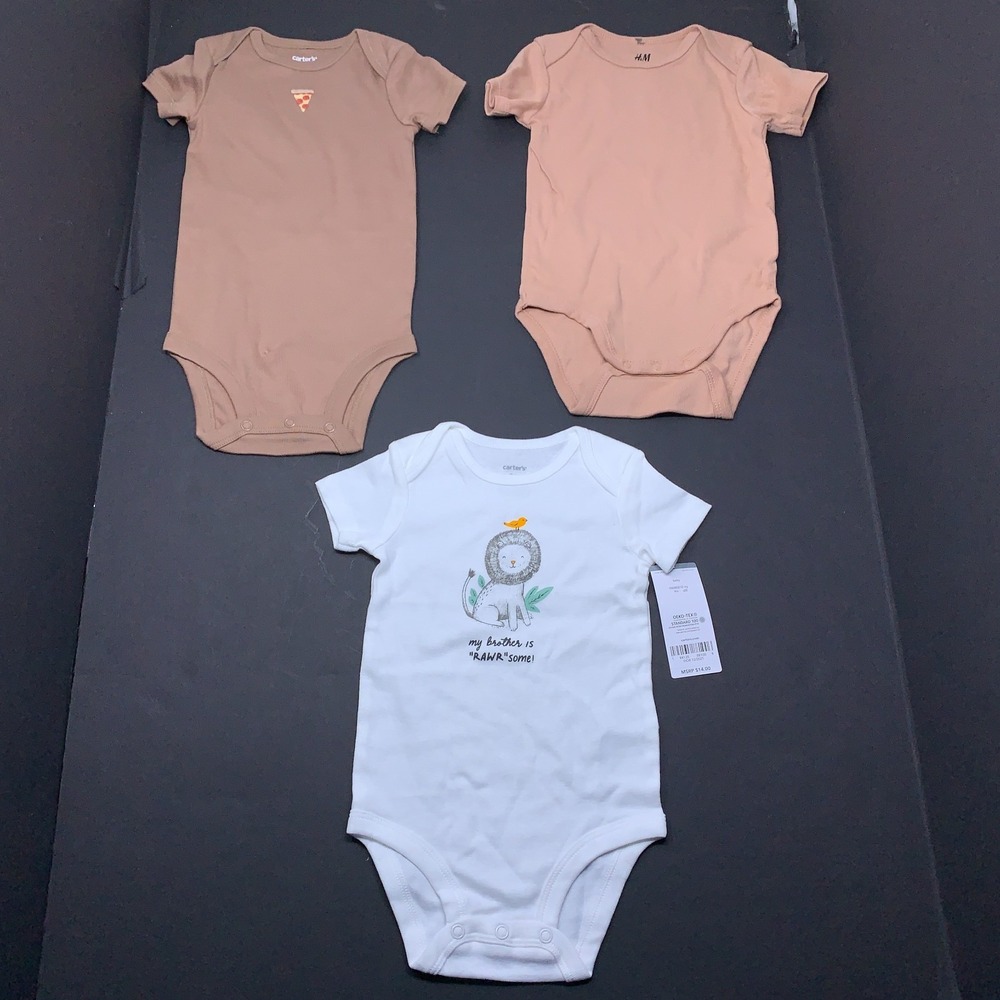 Baby Size 9 Months Carters H&M Beige White Short Sleeve Bodysuits 3 Pieces New